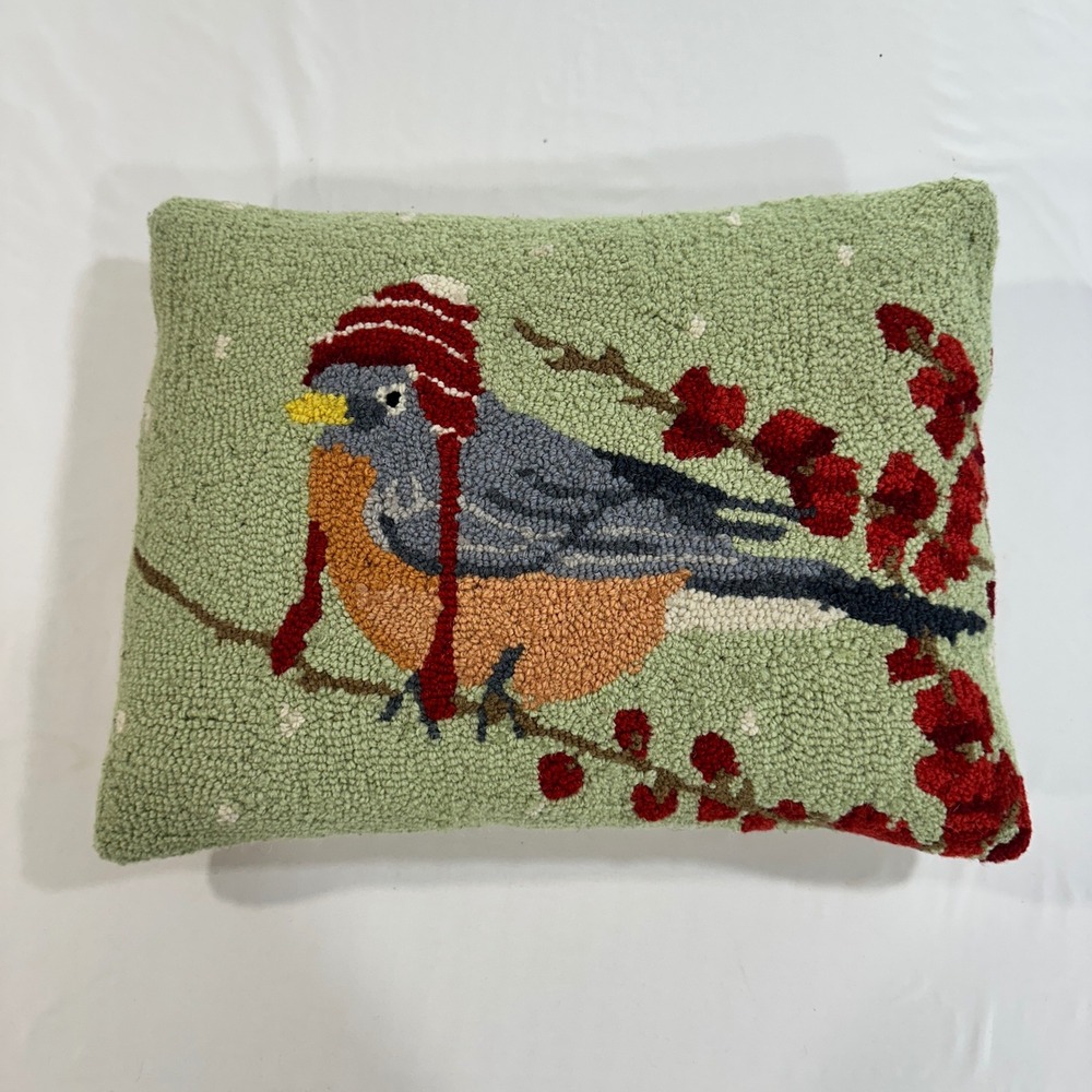 Grandin Road Hooked Wool Pillow Bluebird Winter Hat‎ Green 18x14 Christmas Decor